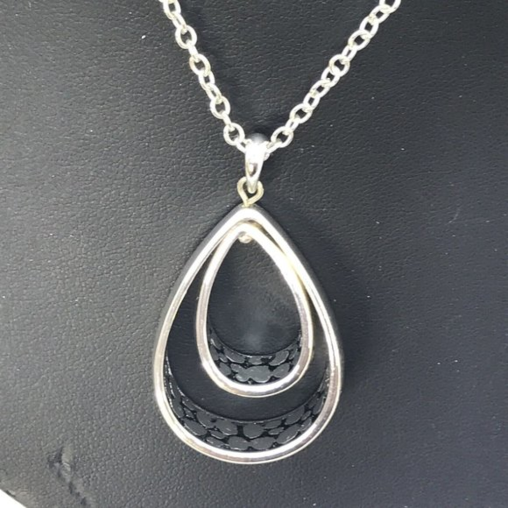 Double TEAR DROP‎ Pebble Pendant Silver tone chain SIGNED FA  Necklace 18"